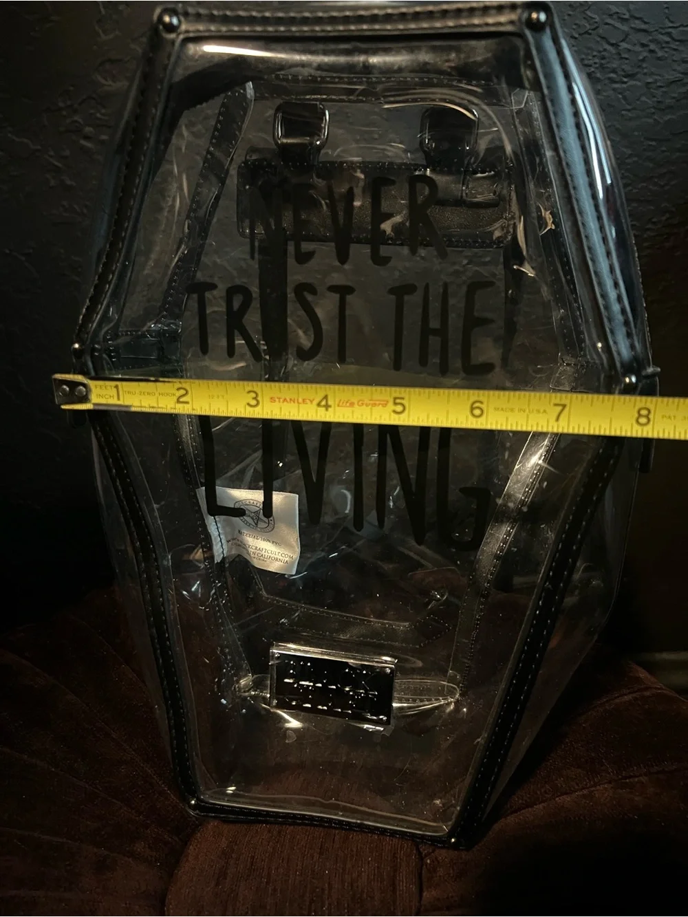 Never Trust the Living clear coffin backpack